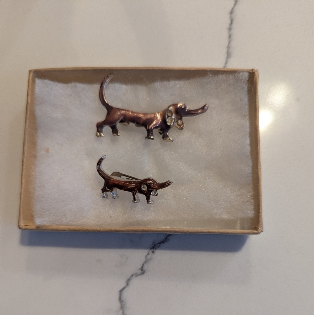 Vintage Enamel Dachshund Dog Brooch Set With Rhinestones